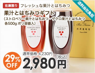 果汁とはちみつギフト（ストロベﾘー果汁とはちみつ・ザクロ果汁とはちみつ各500g ポリ容器入）