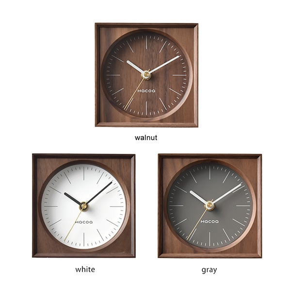 どこか懐かしさを感じるレトロモダンな木製時計「Frame Clock Mini」。ウォールナット、ホワイト、グレーからお選びいただけます。