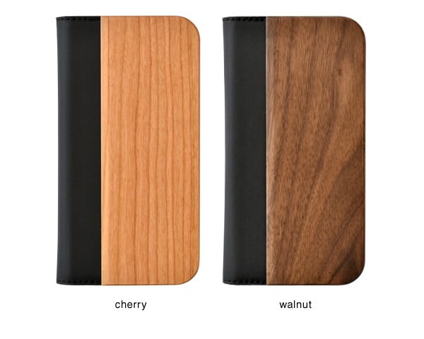 チェリー・ウォールナットの天然木板材をアクセントとしてiPhoneケースにプラス