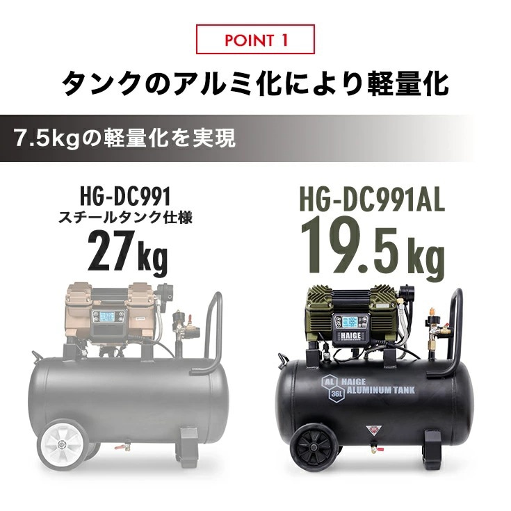 POINT1　タンクのアルミ化により軽量化。7.5kgの軽量化を実現。HG-DC991スチールタンク仕様27kg⇒HG-DC991AL19.5kg