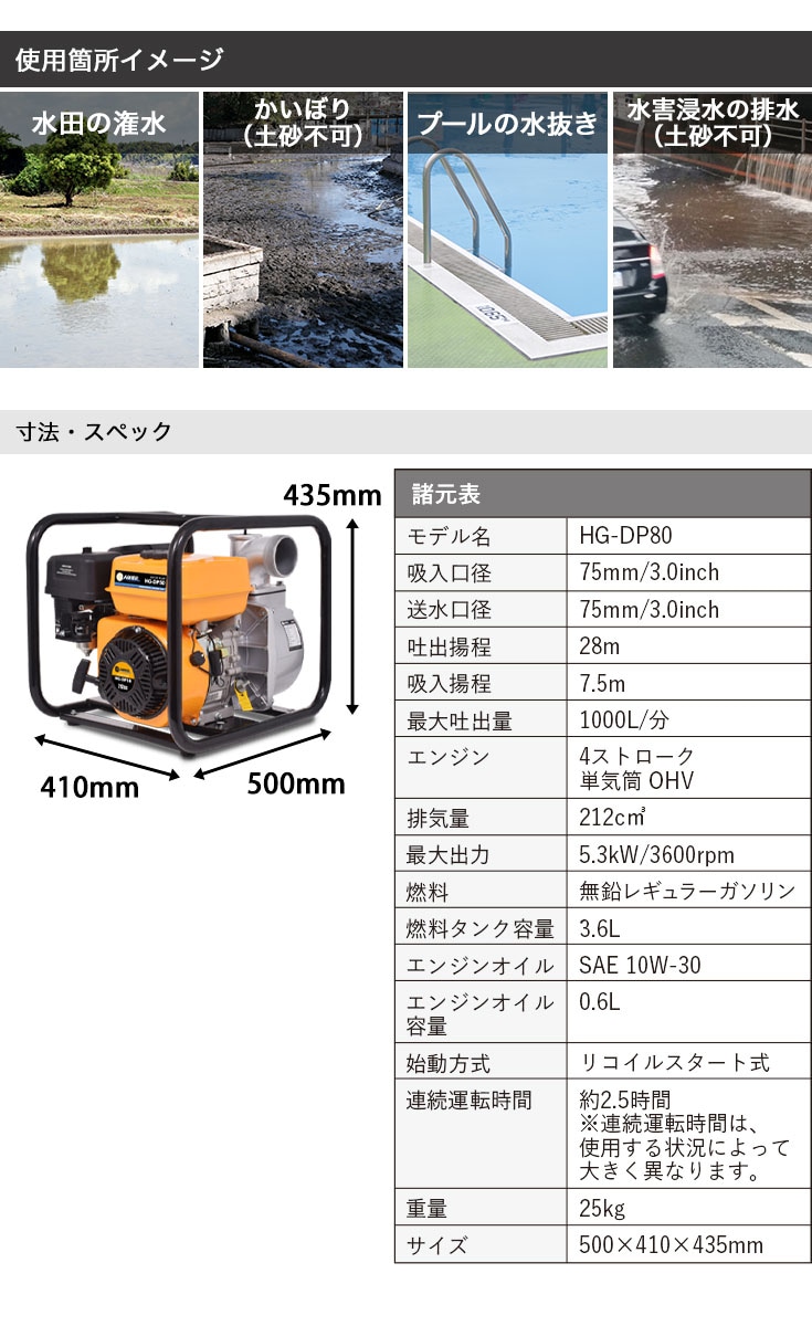 エンジン式 水ポンプ 最大吐出量1,000L（分）／HG-DP80【1年保証 