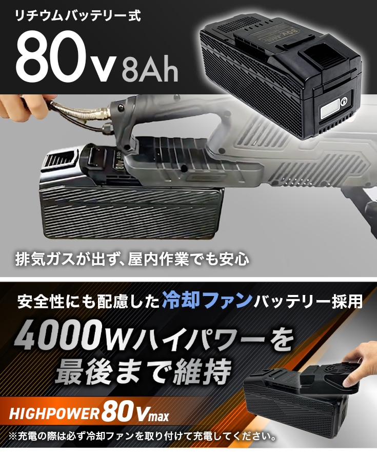 排気ガスが出ず、屋内作業でも安心
