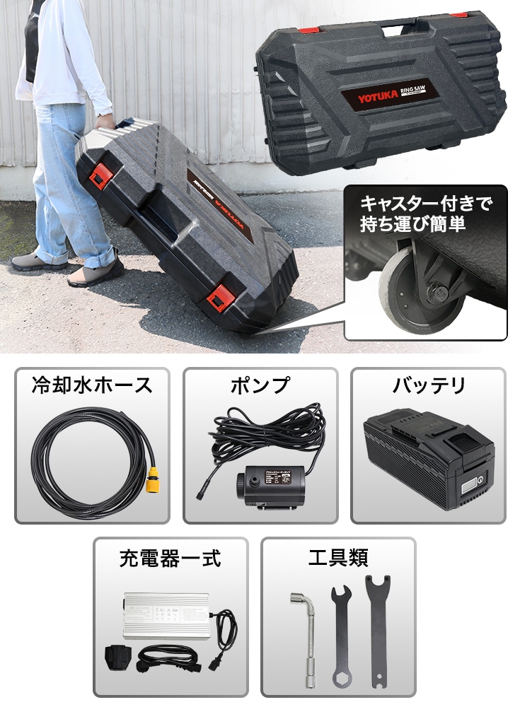 付属品：本体、ポンプ、冷却水ホース、充電器一式、バッテリ、工具類、その他付属品、ハードケース