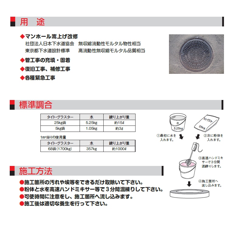 マノールタイトグラスター（標準タイプ・促進タイプ）。マンホールの嵩上げ、緊急補修に。25kg袋と5kg×4袋セットからお選びください。