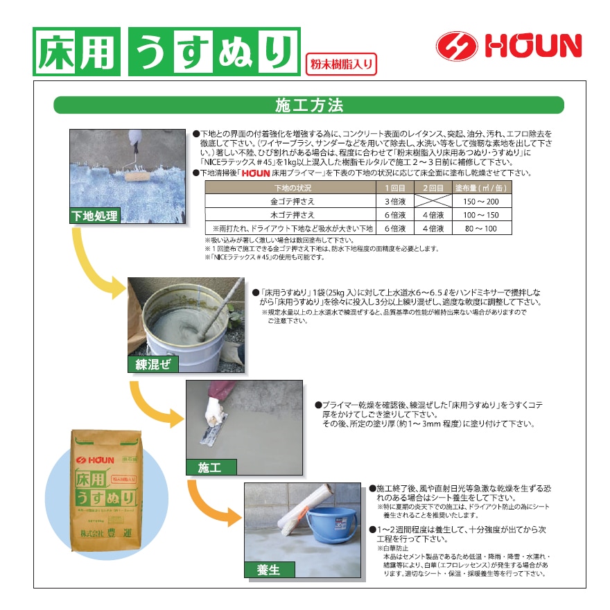 豊運、床用うすぬり（25kg/袋×20セット）粉末樹脂入り床用下地材・粉末樹脂入り。床専用補修材・駐車場の改修にお勧め。