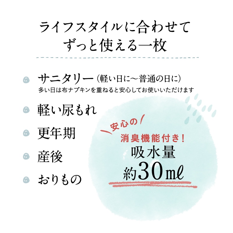 サニタリー、軽い尿もれ、更年期、産後、おりものなどに使えます
