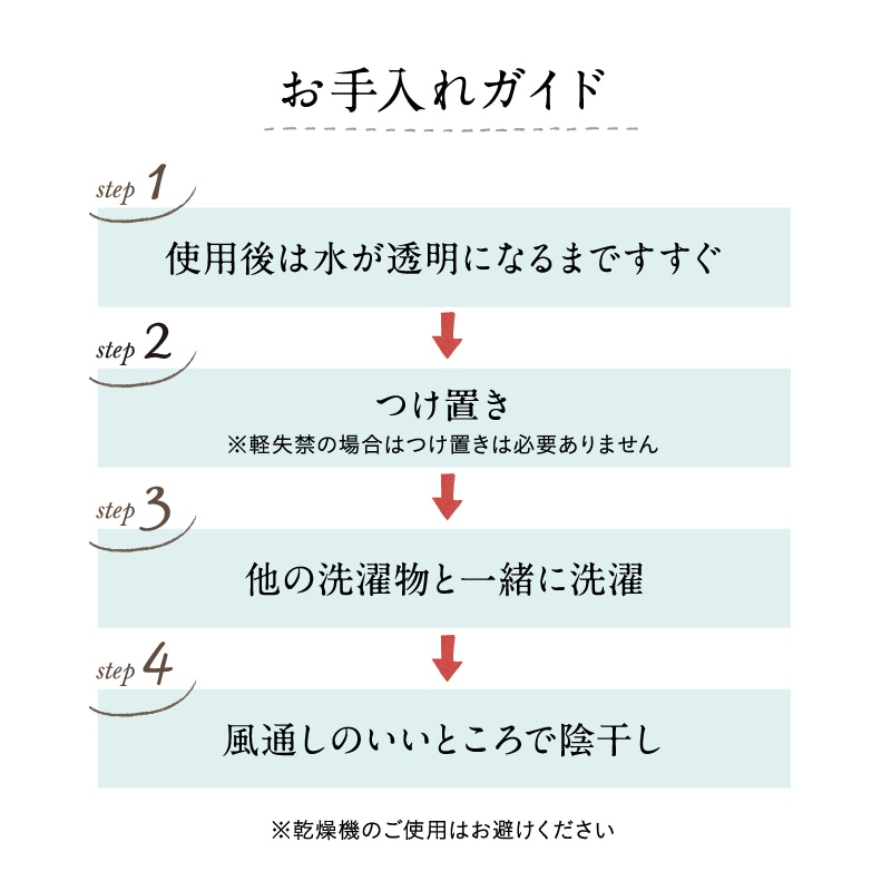 お手入れ方法　すすぐ、つけ置き、洗濯、陰干し