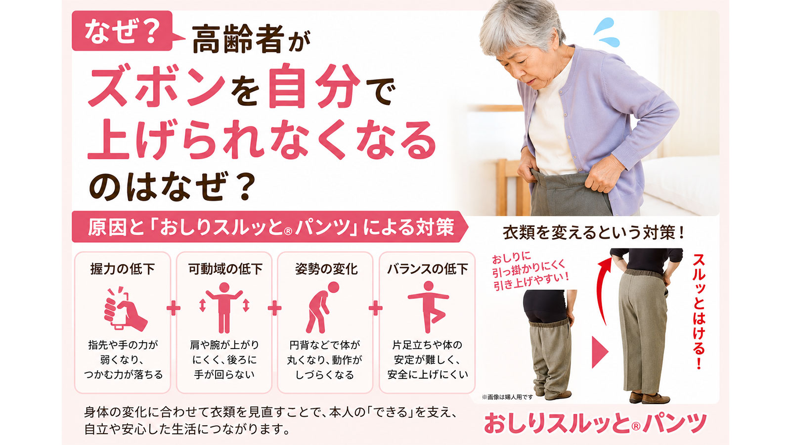 ズボンを引き上げようとする高齢者の手元イメージ