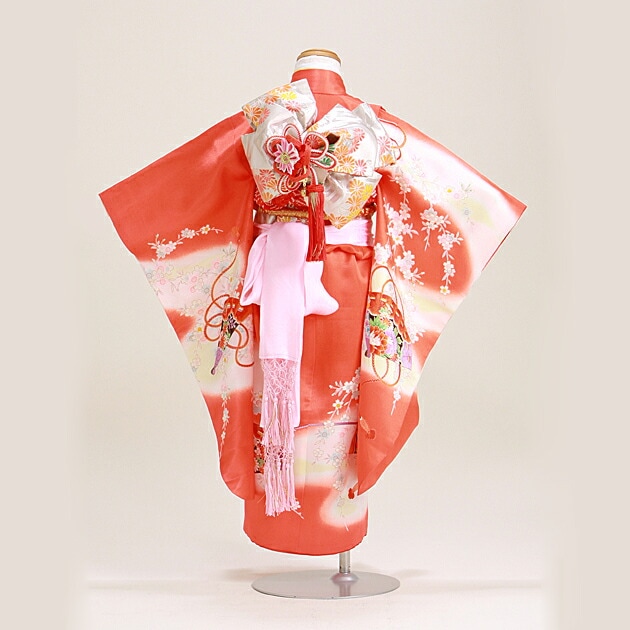 七五三 レンタル 女の子/3歳 七五三着物 朱色/扇〔身長：96cm,98cm〕卒