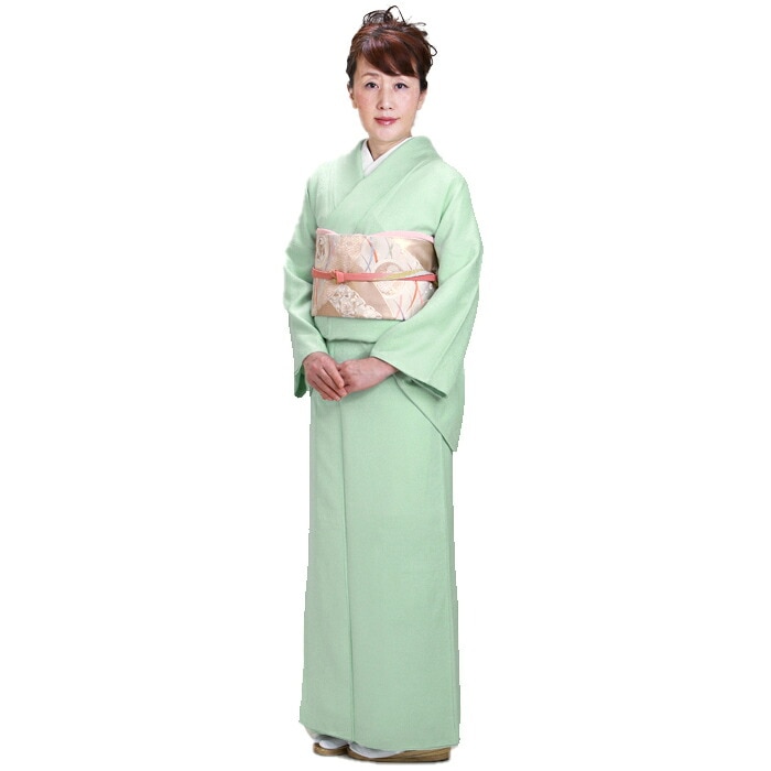 色無地 レンタル 袷 10月～5月向け 高級正絹 若草色 着物 一つ紋 お