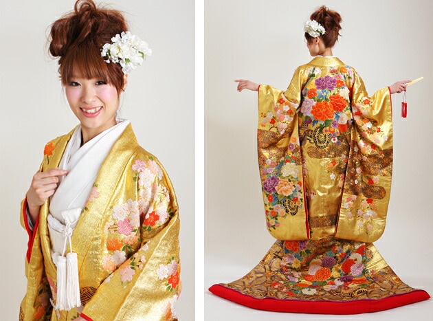 色打掛 花柄 金糸刺繍 色打掛レンタル 金色/花車に蜀甲家紋中国刺繍 NT-821 | 色打掛レンタル