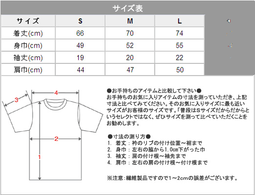 Tシャツサイズ表