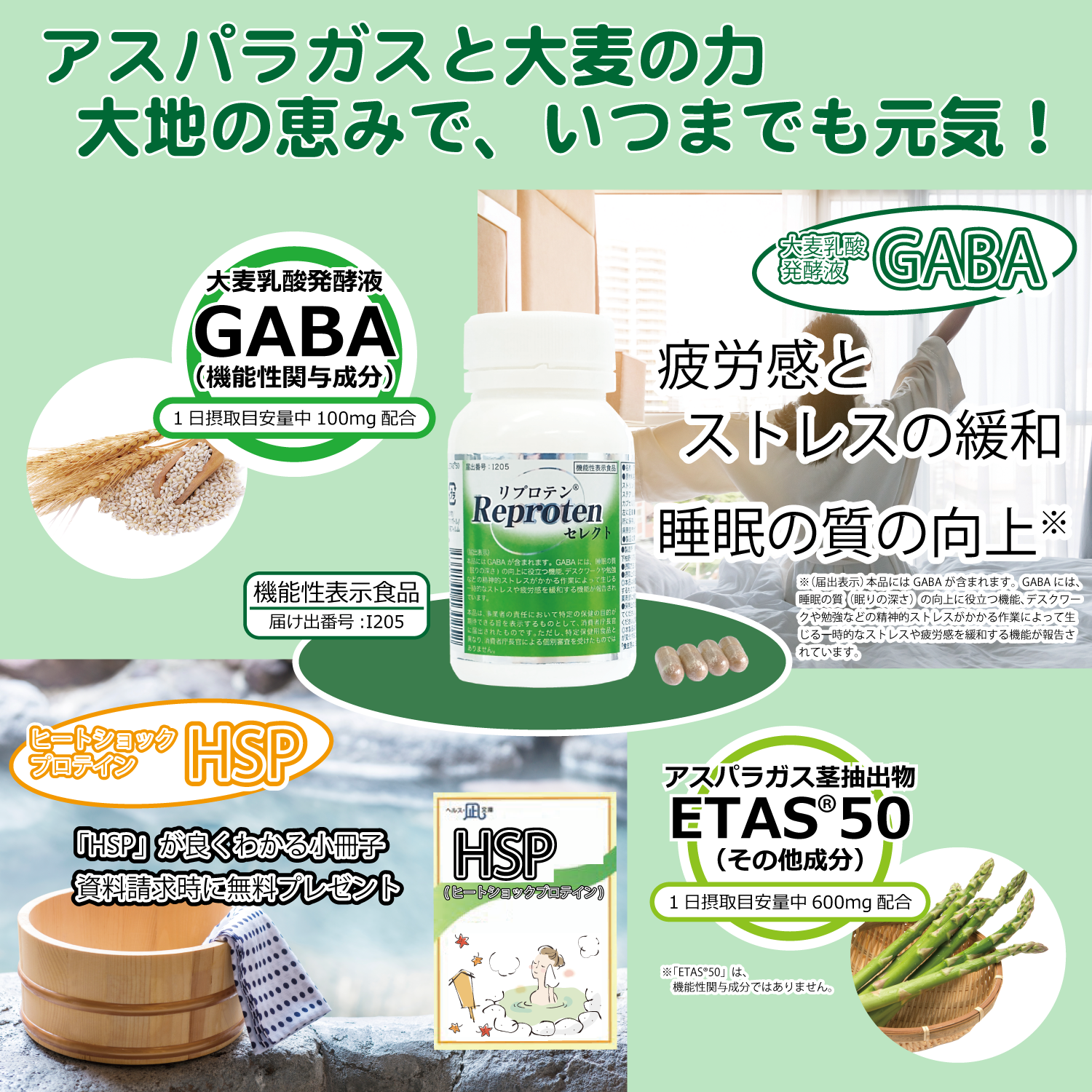 ETAS(イータス:アスパラガス茎抽出物)＆GABA配合 機能性表示食品　【リプロテンセレクト】-送料無料で資料をお送りします-