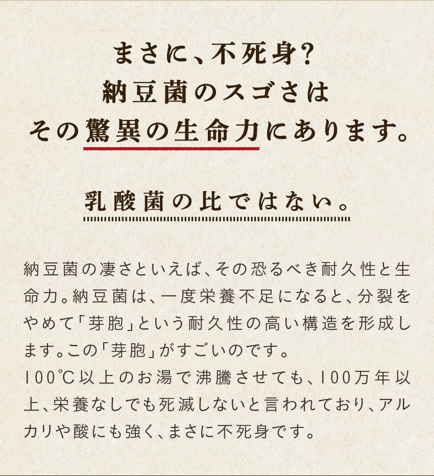 まさに、不死身？納豆菌のスゴさはその驚異の生命力にあります。乳酸菌の比ではない。納豆菌の凄さといえば、その恐るべき耐久性と生命力。納豆菌は、一度栄養不足になると、分裂をやめて「芽胞」という耐久性の高い構造を形成します。この「芽胞」がすごいのです。100℃以上のお湯で沸騰させても、100万年以上、栄養なしでも死滅しないと言われており、アルカリや酸にも強く、まさに不死身です。