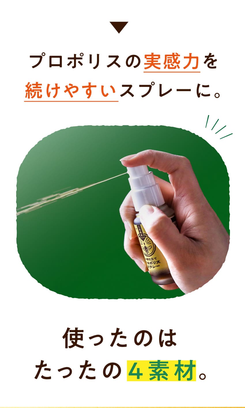 プロポリスの実感力を続けやすいスプレーに。 使ったのはたったの4素材。