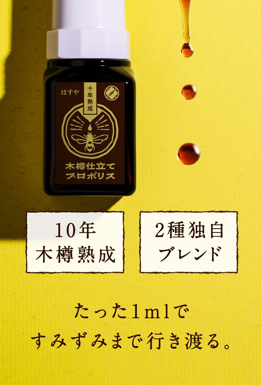 木樽仕立てプロポリス 10年木樽熟成 2種独自ブレンド たった1mlですみずみまで行き渡る。