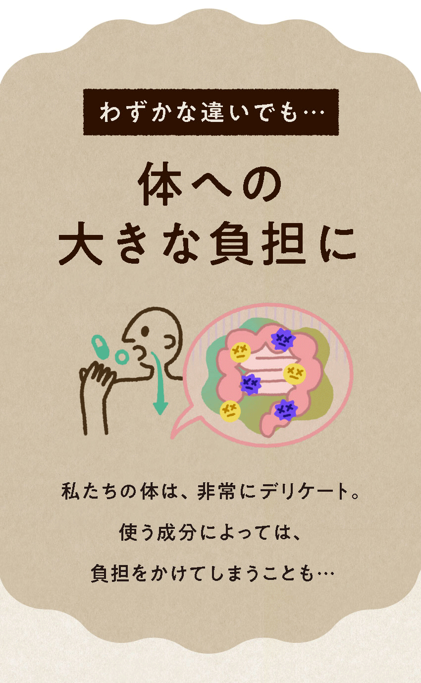 わずかな違いでも…体への大きな負担に私たちの体は、非常にデリケート。使う成分によっては、負担をかけてしまうことも…