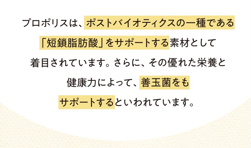 プロポリスは、ポストバイオティクスの一種である「短鎖脂肪酸」をサポートする素材として着目されています。さらに、その優れた栄養と健康力によって、善玉菌をもサポートするといわれています。
