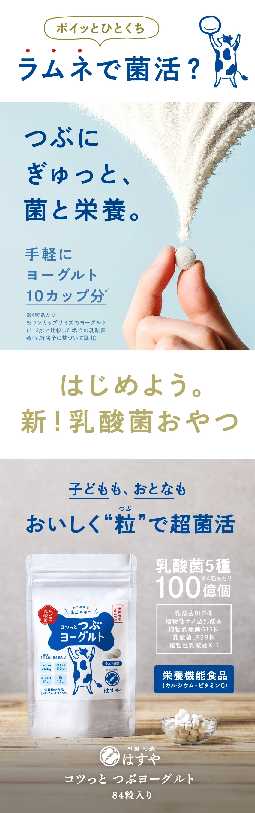 ポイッとひとくち ラムネで菌活? つぶにぎゅっと、菌と栄養。手軽にヨーグルト10カップ分。4粒あたり。ワンカップサイズのヨーグルト(112g)と比較した場合の乳酸菌数(乳等省令に基づいて算出)。はじめよう。新!乳酸菌おやつ。子どもも、おとなも おいしく粒で超菌活。乳酸菌5種100億個。乳酸菌BIO株、植物性ナノ型乳酸菌、植物乳酸菌G15株、乳酸菌LP28株、植物性乳酸菌K-1。栄養機能食品(カルシウム・ビタミンC)。四国 阿波 はすや コツっとつぶヨーグルト 84粒入り。