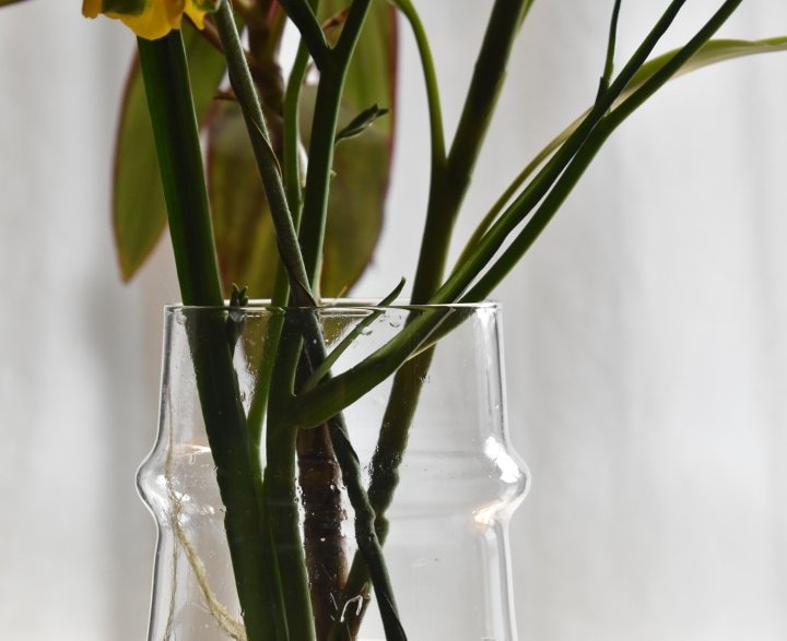 口部分の膨らみが特徴的なデザインガラスベース。グレー、クリア、イエローの豊富な３色展開から選べる北欧風花瓶｜HORN