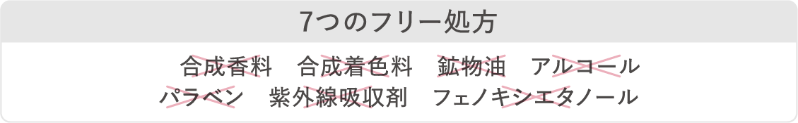 7つのフリー処方 合成香料 合成香料 鉱物油 アルコール パラベン　紫外線吸収剤　フェノキシエタノール
