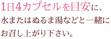 1日4カプセルを目安に、水またはぬるま湯などと一緒にお召し上がり下さい。