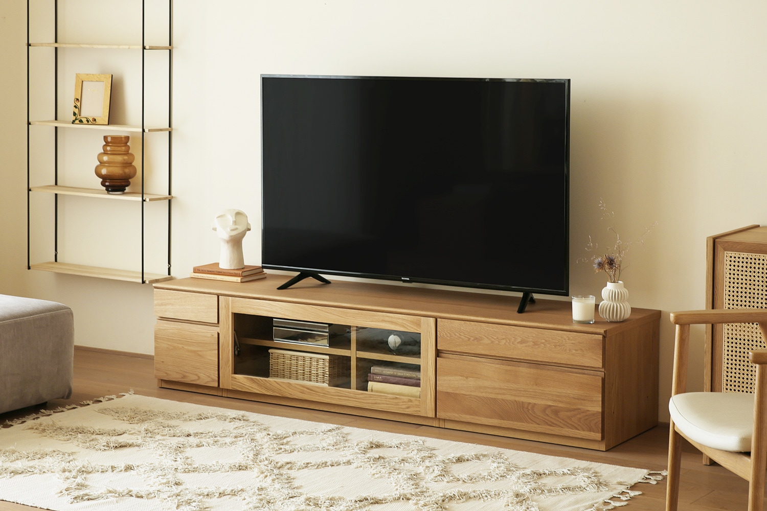 ASTER アスター TV SET4 オーク (180天板 + 30TVチェスト + 90TVガラス扉 +