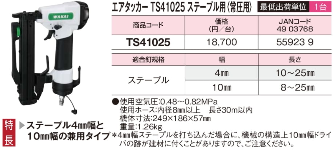 国内発送 若井産業 エアタッカー TS425N 4mm幅ステープル ケース付 ワカイ discoversvg.com