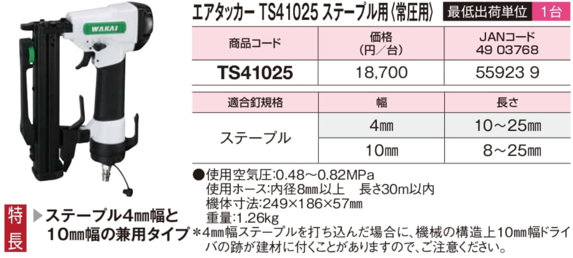 トレンド HandA Works若井産業 エアタッカー TS425N 4mm幅ステープル