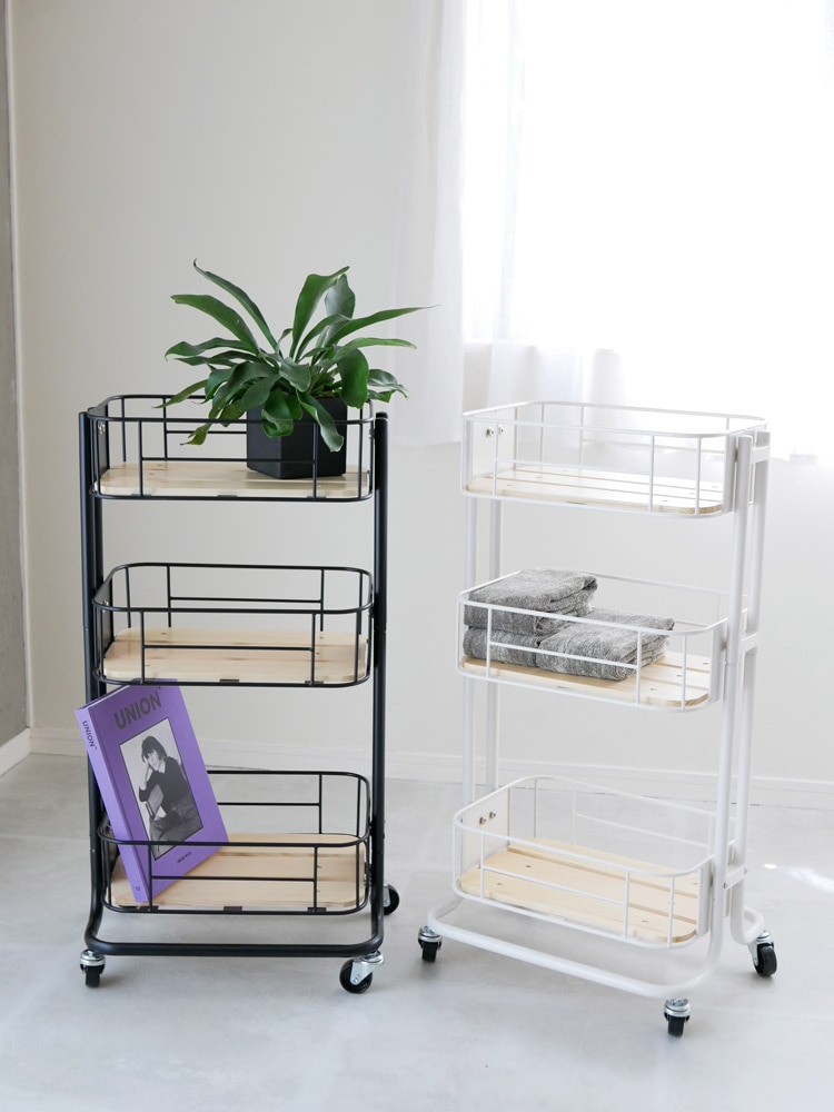 ビーワイケージのスチール製3段ワゴン、天然木底板