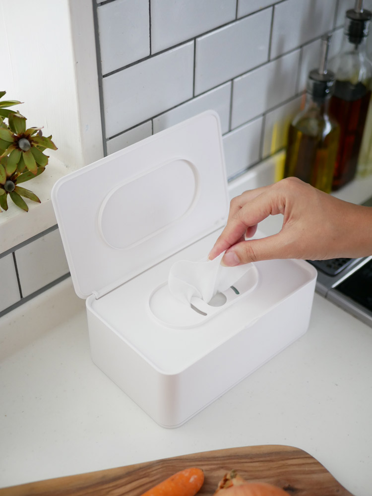 SMART（YAMAZAKI）のプラスチック製おしり拭きケース。横置きタイプで約19×12×7.5cmのサイズ、ABS樹脂とPE素材を使用し、シート袋を収納可能なデザイン。