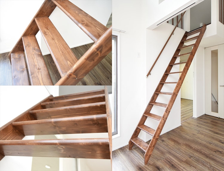 塗装した北欧産ワイドステップ木製ロフト階段の例