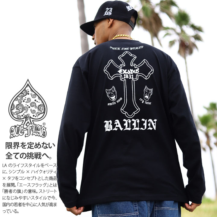 Ace Flag ロンt メンズ 春秋冬用 黒 白 ブラック ホワイト 大きいサイズ エースフラッグ Tシャツ 長袖 おしゃれ かっこいい 総柄 タトゥー 入れ墨 十字架 Ak47 トゥーフェイス B系 ヒップホップ ファッション ダンス ストリート系 ブランド 服 22春夏 新作 Af Tl Lt 021