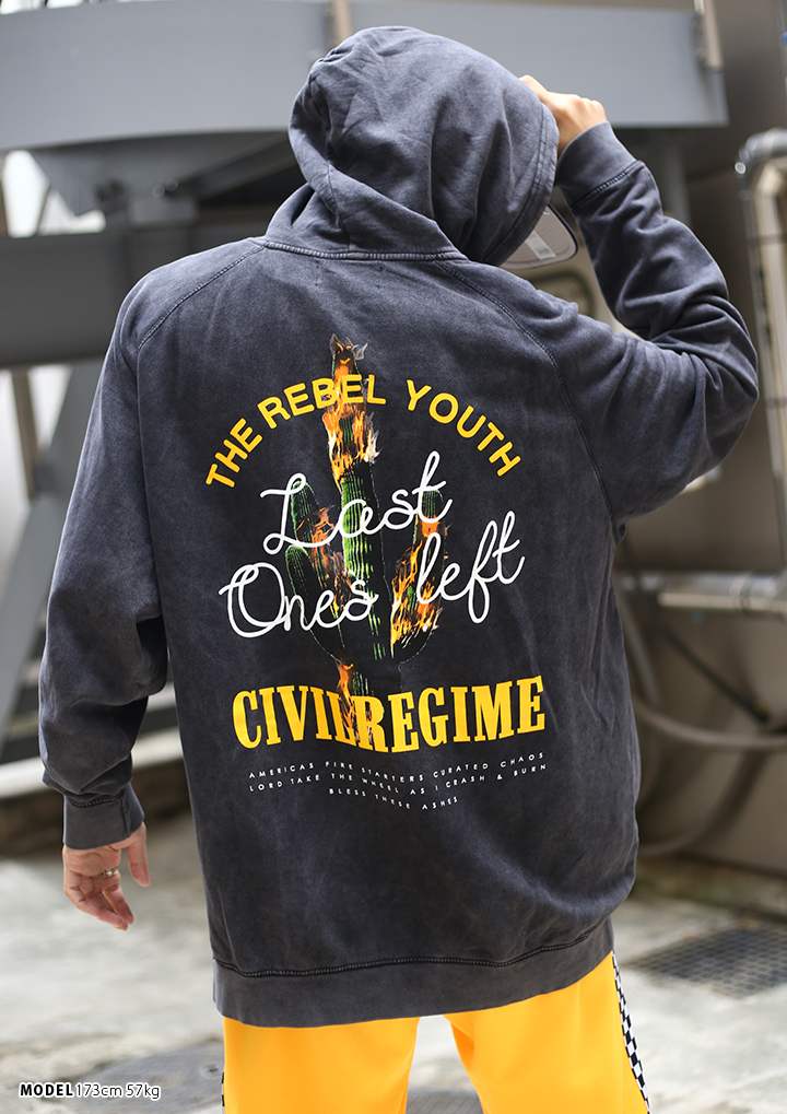 シヴィルクロージング Civil Clothing フードパーカー スウェット 長袖 メンズ 黒 L Xl 2l Ll 2xl 3l Xxl 大きいサイズ B系 ヒップホップ ストリート系 ファッション ブランド かっこいい おしゃれ ストーンウォッシュ サボテン 炎 メッセージ ビッグシルエット 19cv Aw