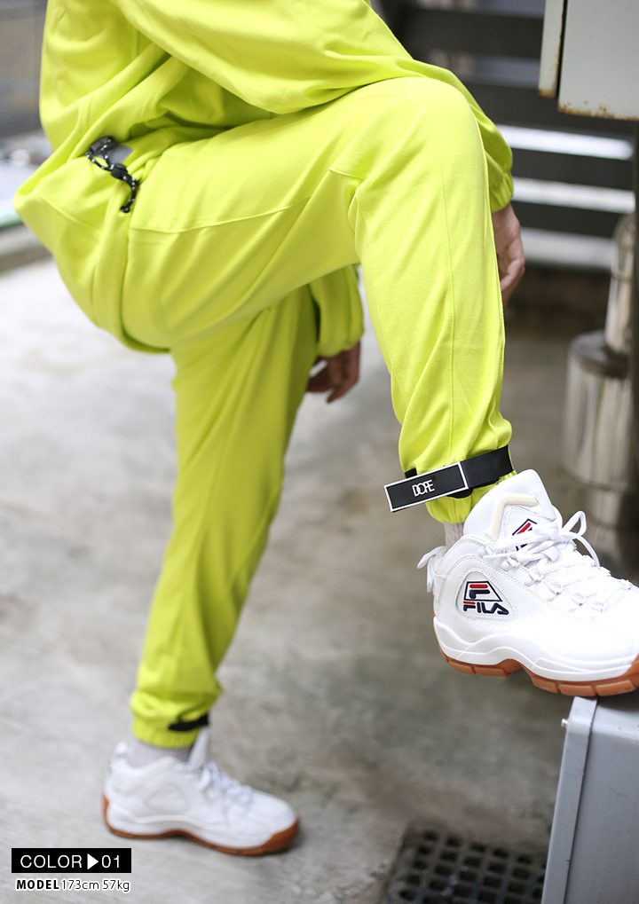 ドープ Dope トラックパンツ ジャージ下 イージーパンツ ロングパンツ 長ズボン メンズ 蛍光イエロー 黒 M L Xl 2l Ll 大きいサイズ B系 ヒップホップ ストリート系 ファッション ブランド おしゃれ シンプル 刺繍 ストッキングベルト付き 裾留め マジックテープ 19dp F