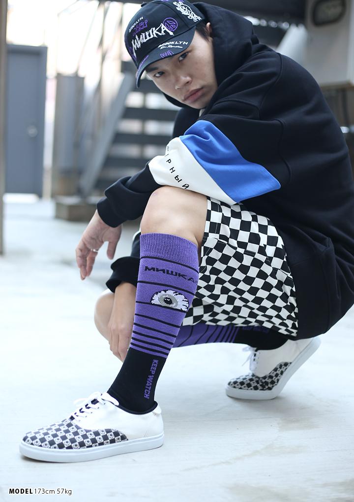 ミシカ Mishka ソックス 靴下 くつした メンズ レディース 紫 男女兼用 B系 ヒップホップ ストリート系 ファッション ブランド 柄 かっこいい おしゃれ ハイソックス ロング丈 22 28cm Keepwatch キープウォッチ 人気キャラクター ライン グラデーション 総柄 Mss