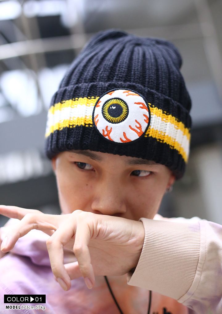 ミシカ Mishka 帽子 ニットキャップ ビーニー ニット帽 Cap メンズ レディース 黒 オレンジ 男女兼用 B系 ヒップホップ ストリート系 ファッション ブランド Keepwatch キープウォッチ 目玉 人気キャラクター パッチ ワッペン 刺繍 ライン かっこいい おしゃれ Maw