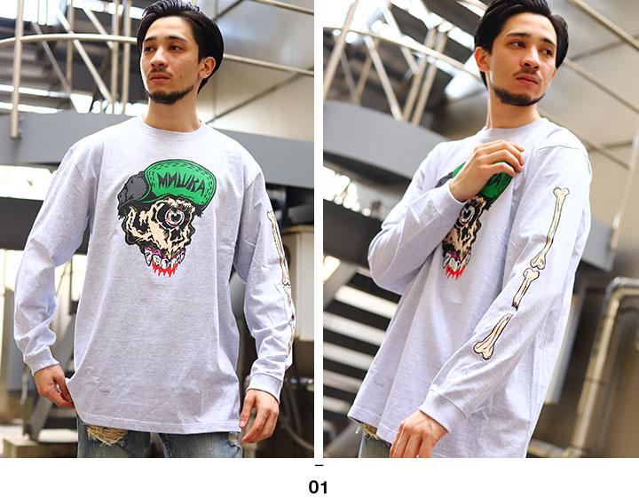 MISHKA ロンT パンク メンズ 春秋冬用 グレー/黒 大きいサイズ ミシカ Tシャツ 長袖 おしゃれ かっこいい 派手 キープウォッチ スカル  ボーン 骨 袖ロゴ USAモデル b系 ヒップホップ ファッション ロック バンド ストリート系 M1020L-本格派大人のB系