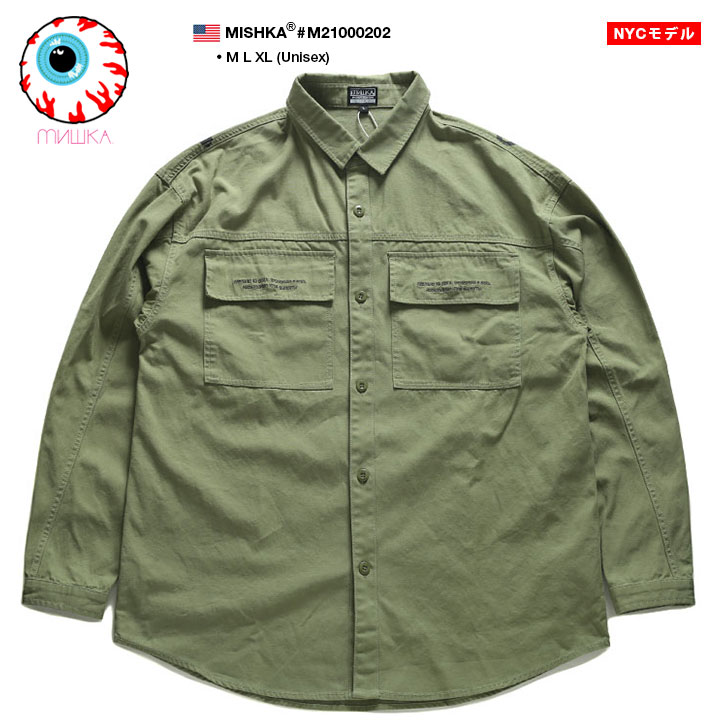MISHKA 長袖シャツ メンズ レディース 春秋冬用 オリーブ M-XL 大きい 