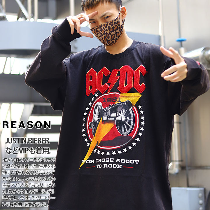 REASON × ACDC ロンT ストリート メンズ レディース 黒 ブラック