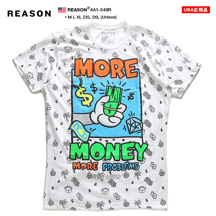 Reason Tシャツ 半袖 メンズ レディース 白 ホワイト 大きいサイズ ビッグシルエット リーズン おしゃれ かっこいい 総柄 ロールマネー ドル柄 熊 アメコミ アニメ 漫画 ポップアート アメカジ セレブ B系 ヒップホップ ストリート系 ブランド ハイ 服 新作 A1 049r 本格