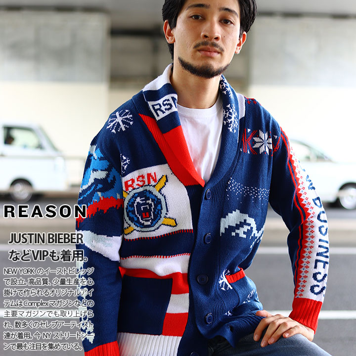 Reason ニット セーター 長袖 カーディガン メンズ レディース 春秋冬用 紺 リーズン カーデ ジレー 編み物 ギフト 贈り物 おしゃれ かっこいい 総柄 ライン 袖ロゴ 雪の結晶 切り替え スカル B系 ヒップホップ ファッション ストリート系 21秋冬 Ski02 本格派大人のb系
