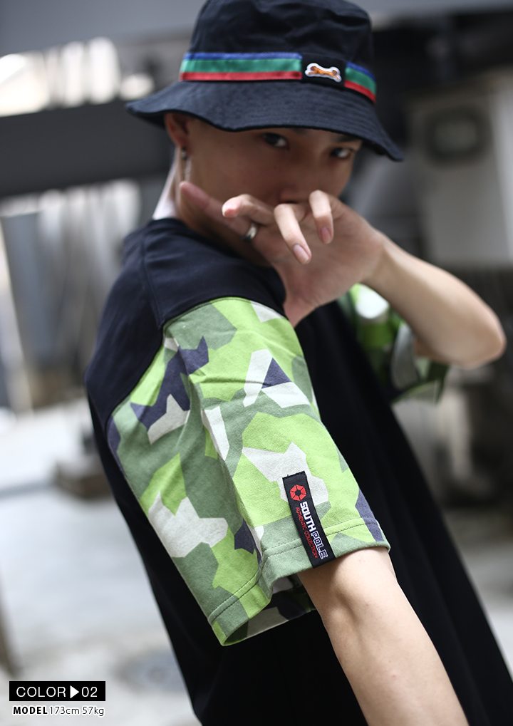 サウスポール South Pole Tシャツ 半袖 メンズ 白 黒 L Xl 2l Ll 2xl 3l Xxl 3xl 4l Xxxl 大きいサイズ B 系 ヒップホップ ストリート系 ファッション ブランド 服 かっこいい おしゃれ ラウンド丈 袖切替 迷彩柄 革パッチ ビッグシルエット