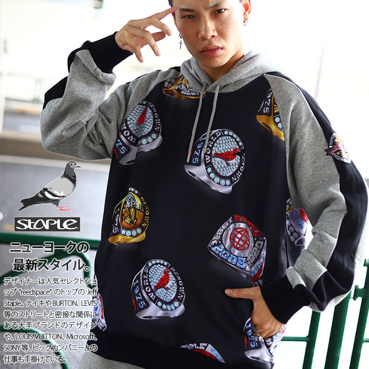 Staple パーカー ブランド 長袖 メンズ 春夏秋冬用 ブラック 黒 L 2xl 大きいサイズ ステイプル フードパーカー スウェット かっこいい おしゃれ 刺繍 切替 バイカラー チャンピオンリング 総柄 ビッグシルエット B系 ヒップホップ ストリート系 ファッション 服