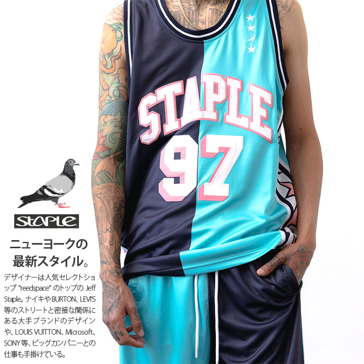 STAPLE ノースリーブ メンズ レディース 春夏用 紺 ステイプル バスケットシャツ バスケシャツ タンクトップ おしゃれ かっこいい  アシンメトリー 切り替え バイカラー 背番号 ワッペン b系 ヒップホップ ファッション ストリート系 ハイ ブランド  服2104C6497-本格派大人のB系