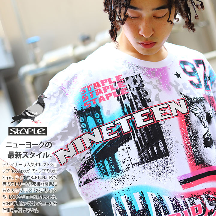 Staple Tシャツ 半袖 メンズ レディース 白 ホワイト 大きいサイズ ビッグシルエット ステイプル おしゃれ かっこいい 鳩 鳥 スプレー グラフィティ リリックノート風 総柄 マルチロゴ B系 ヒップホップ ファッション ストリート系 ハイ ブランド 服 新作 2104c6519 本格