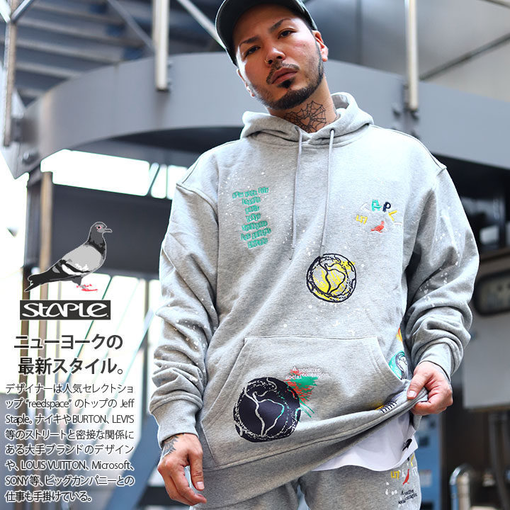 Staple パーカー 長袖 スウェット 裏起毛 メンズ レディース 春秋冬用 グレー 大きいサイズ ステイプル フードパーカー おしゃれ かっこいい 総柄 グラフィティ ハト ビッグシルエット B系 ヒップホップ ファッション ストリート系 21秋冬 2108h6621 本格派大人のb系