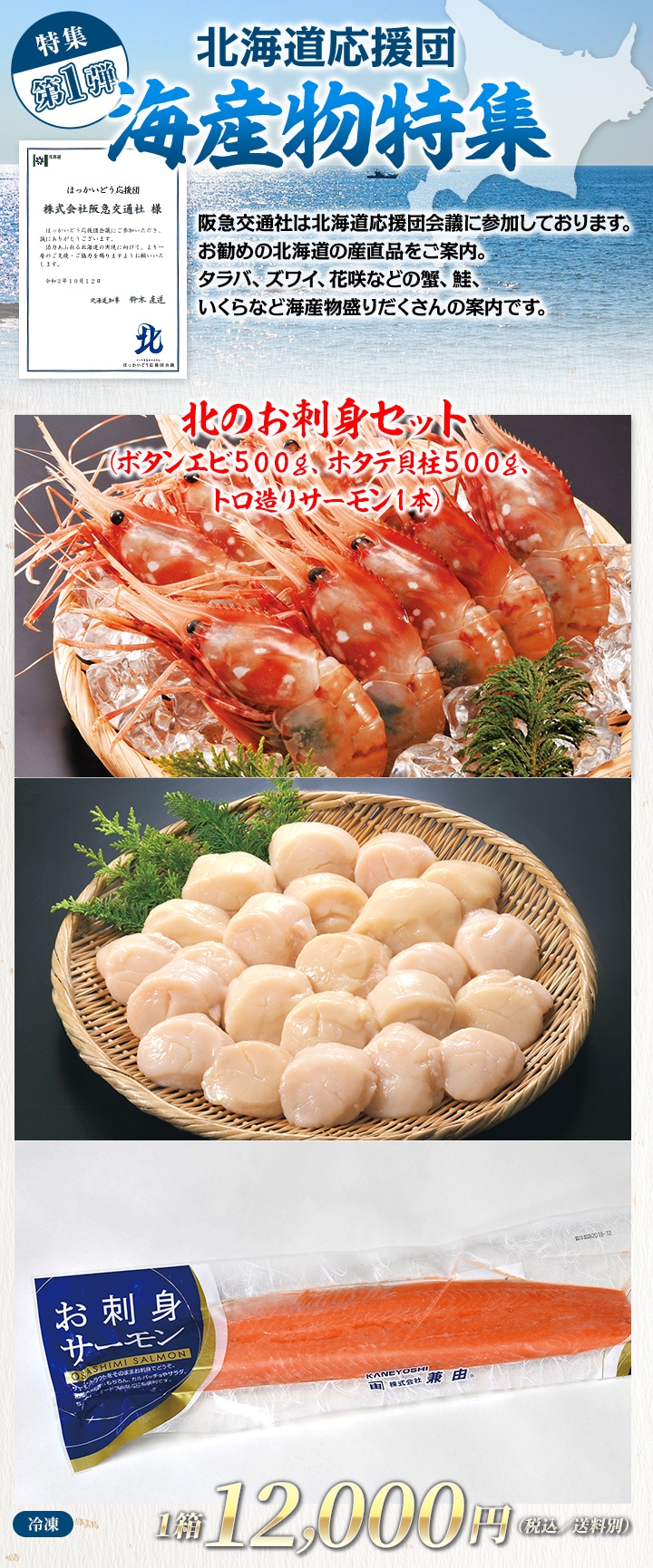 北海道応援団特集 パート1 北のお刺身セット ボタンエビ500g ホタテ貝柱500g トロ造りサーモン1本