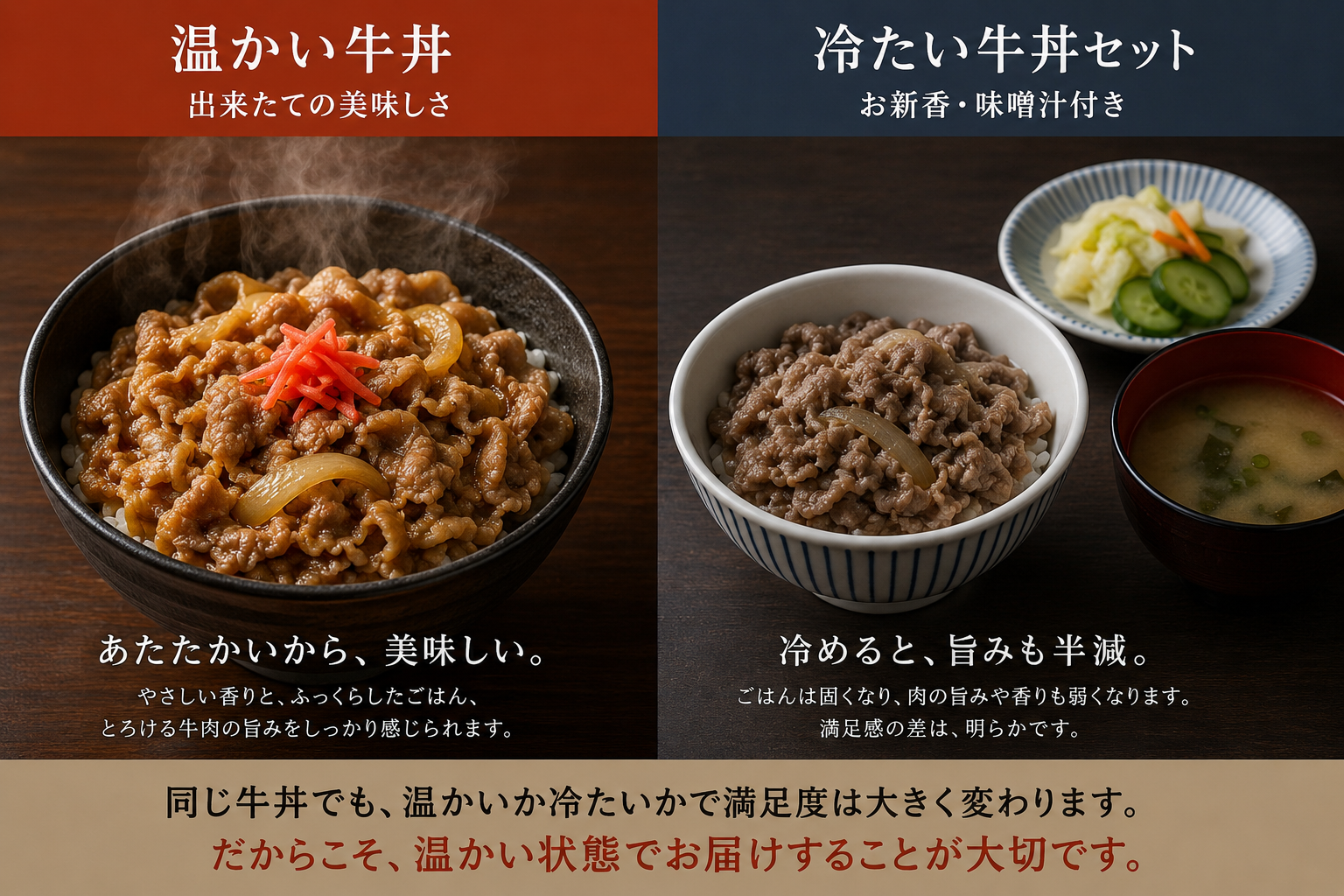 温かい牛丼と冷たい牛丼の比較