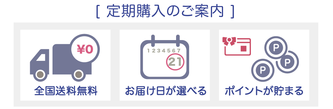 定期購入のメリット：全国送料無料、お届け日が選べる、ポイントが貯まる